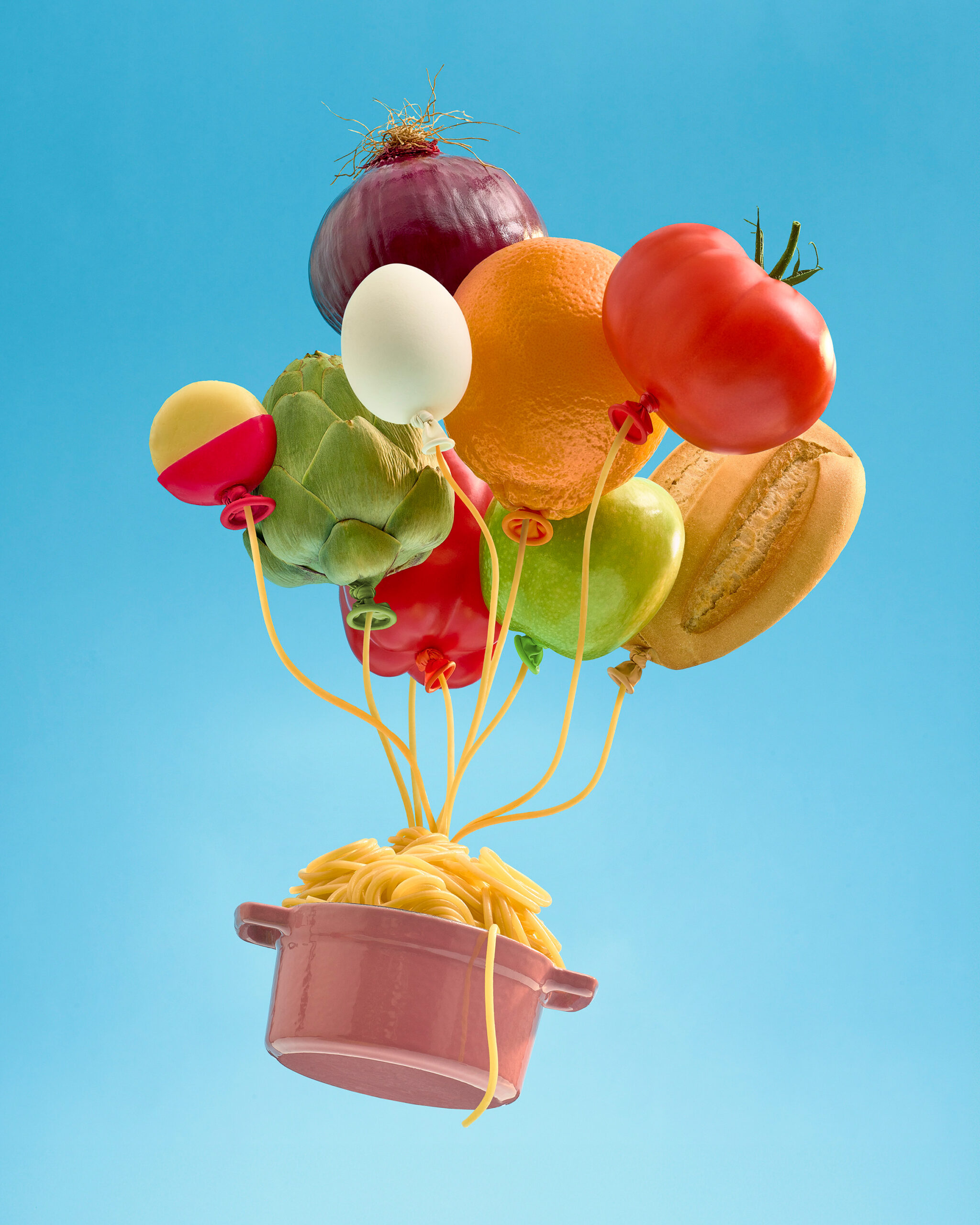Paloma's art. Food is arranged to look like a hot air balloon in a hyper real way.